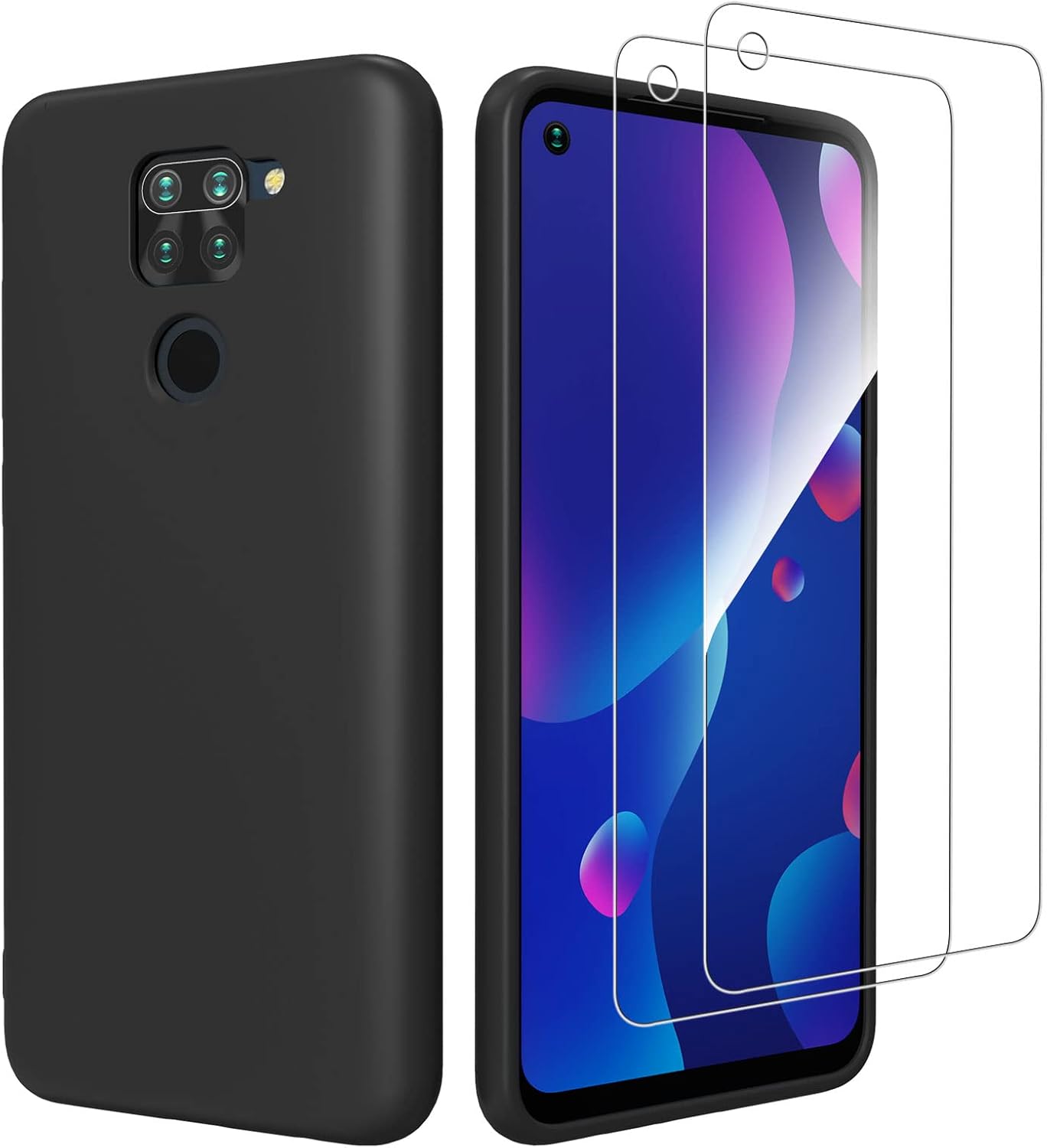 NEW'C Funda para Xiaomi Redmi Note 9 - Ultra Thin Silicona Negra y 2X Protector de Pantalla para Xiaomi Redmi Note 9 Vidrio Templado - Antiarañazos