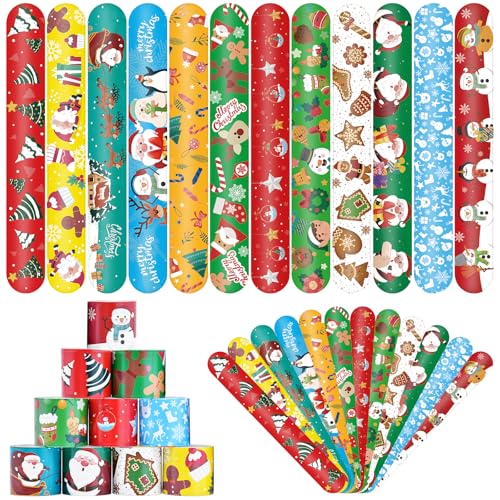 48 Pieces Christmas Slap Bracelets Bulk - 12 Assorted Designs Holiday Snap Bands Santa Claus Snowman Reindeer Themed Party Favors for Kids Adults Xmas Stocking Stuffers Classroom Prizes