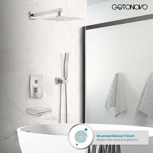 Miniatura 2 de gotonovo Juego de grifo de ducha mezclador de lluvia con boquilla de bañera de cascada, níquel cepillado, cabezal de ducha cuadrado de 10 pulgadas