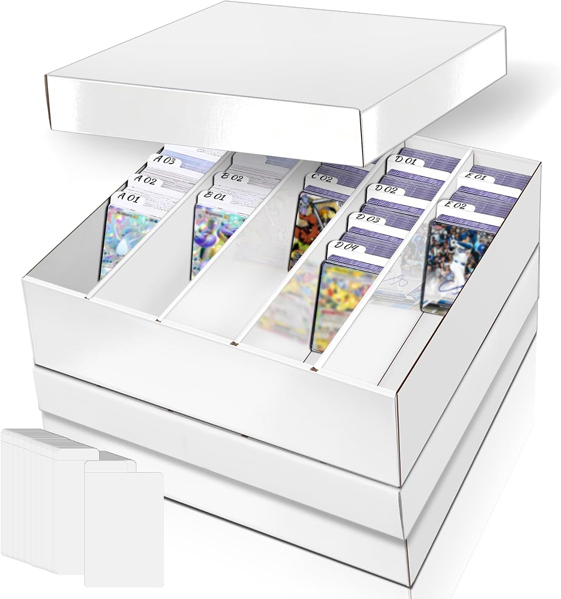 Caja de almacenamiento de tarjetas de cartón de 5 filas, caja de almacenamiento de tarjetas comerciales, paquete de 2 | Almacenamiento de tarjetas comerciales laminadas a granel, capacidad para más de 4500 tarjetas estándar, 100 divisores de tarjetas, perfecto para Mtg, Tcg, béisbol, tarjetas deportivas