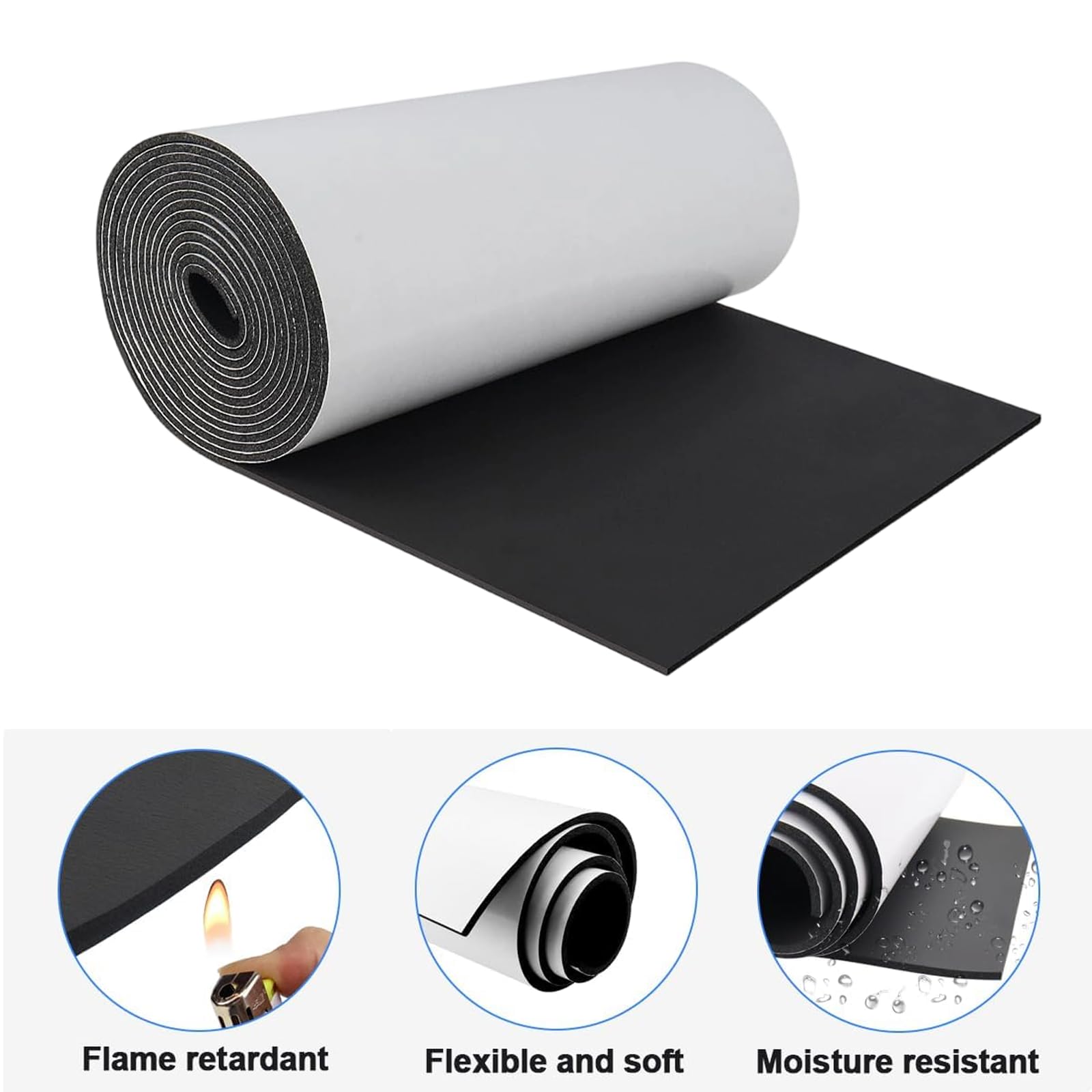Pannello Isolante Termico Autoadesivo in Neoprene, Ignifugo Impermeabile, 300mm x 3mm x 1.5m Nero