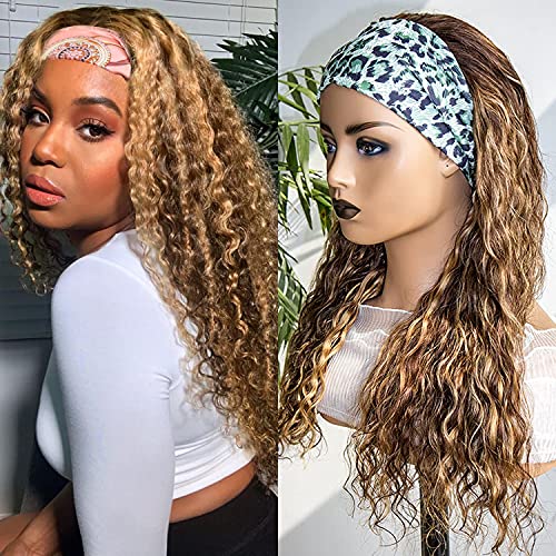 Highlights Deep Wave Headband Wigs Human Hair for Women 12A Human Hair Headband Wigs P4/27 Piano Color None Lace Front Wigs Natural Curly with Headband Brazilian Virgin Human Hair 220% Density