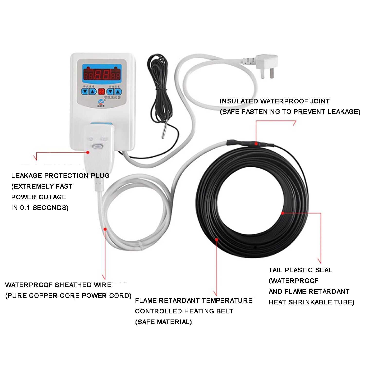 JOSBY Cable Calefactor para tuberías, Cinta calefactora anticongelante autoajustable, con tapón antifugas, Utilizado para anticongelación/descongelación/Aislamiento de tuberías de Agua doméstica