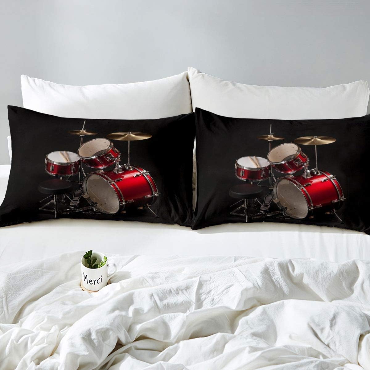 Homemissing Drum Kit Duvet Cover King Rock Music Bedding Set for Kids Boys Teens Adults Musical Instrument Comforter Cover Rock Band Quilt Cover with 2 Pillowcase 3Pcs Bedding Black - Image 3