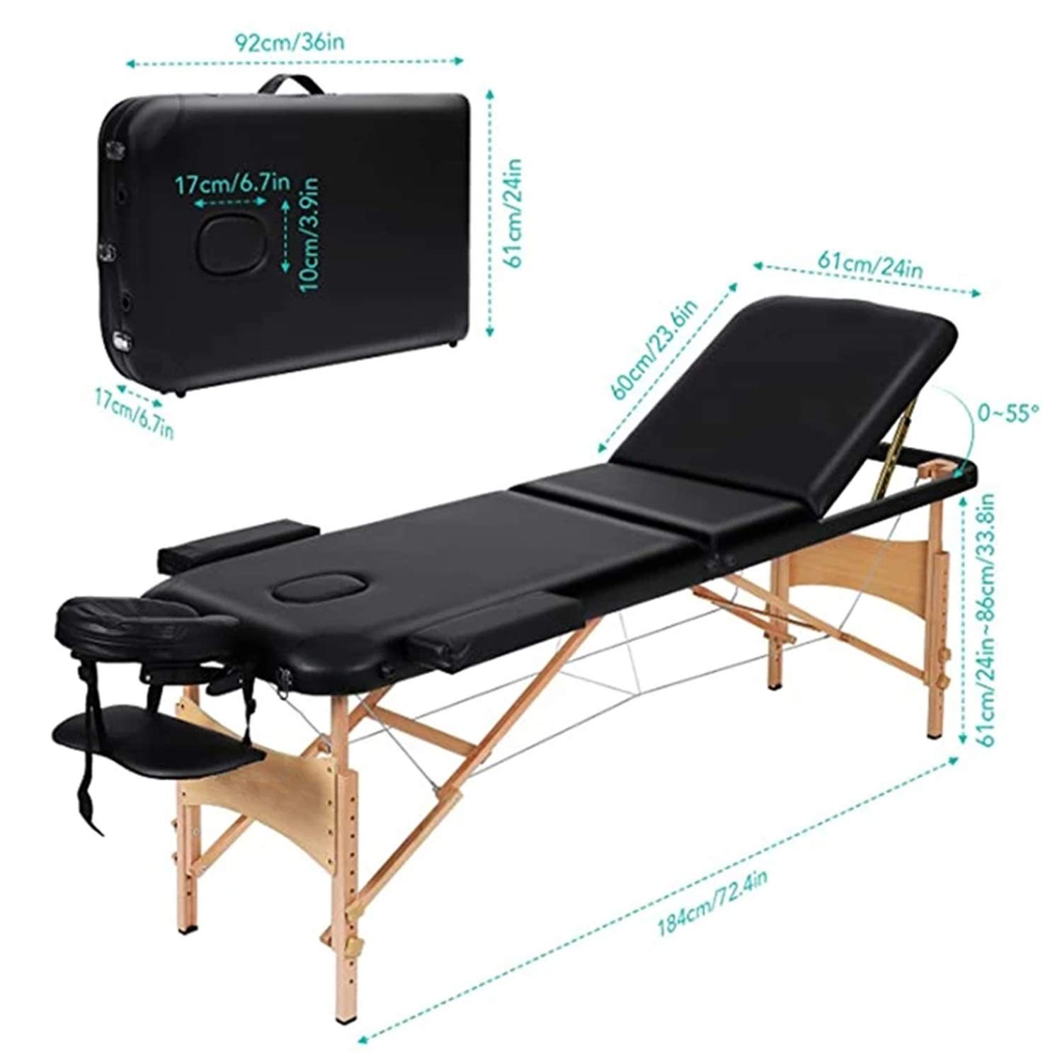 COOLBABY Portable Massage Table Professional Adjustable Folding Bed with 3part Wooden Frame
