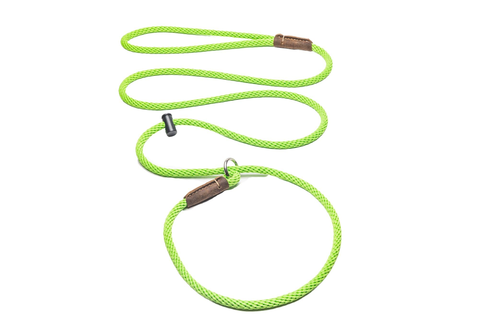 Slip lead/PREMIUM/professional dog training leash/8mm PP rope with the push button snug stopper and hand-stitched leather binding /4-6 feet (6 Feet, Neon Green)