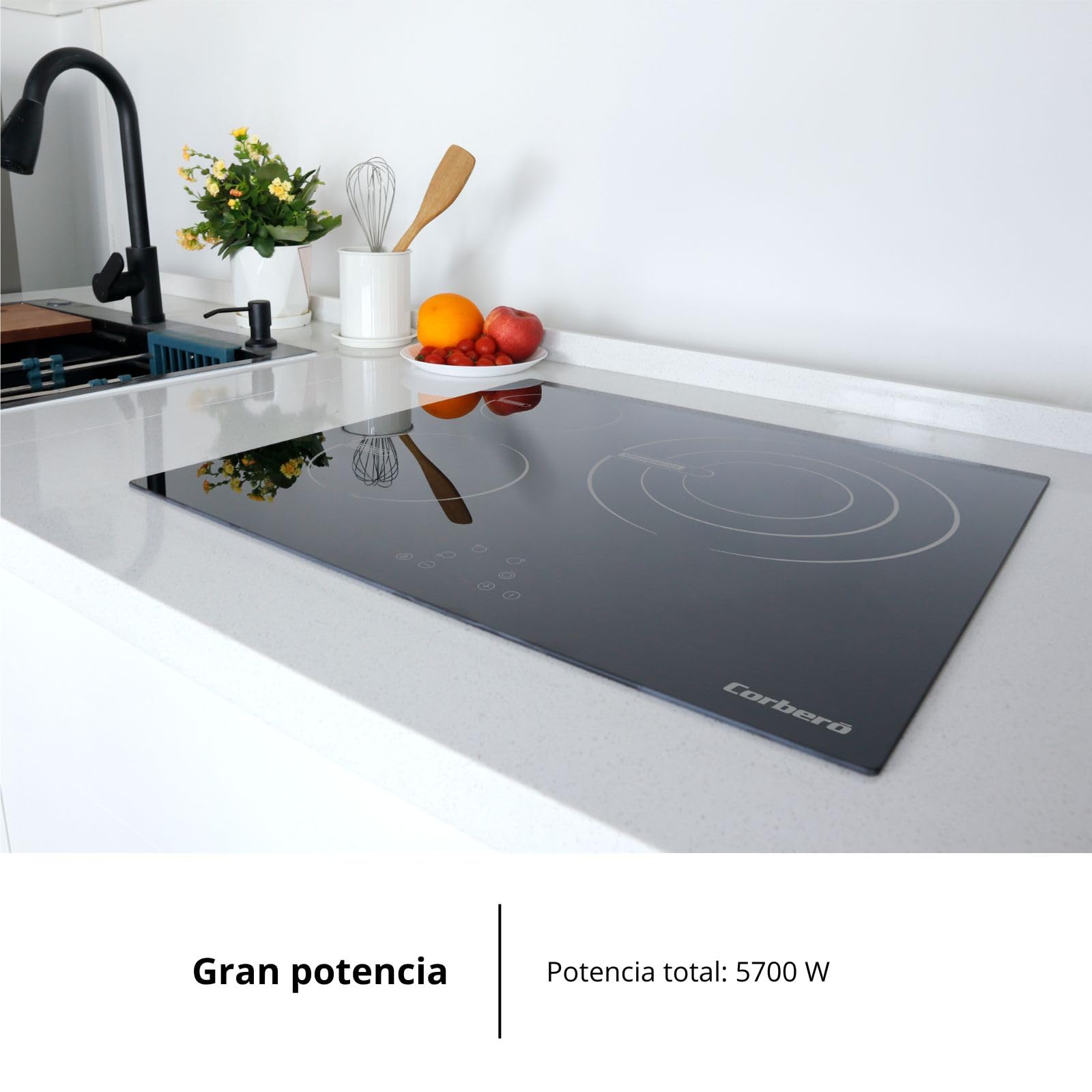 Wytnij płytę szklaną ceramiczną | CCVG35BF | 59 x 52 x 6 cm | 3 strefy gotowania | Bardzo duży obszar 28 cm | 5700 W | sterowanie dotykowe | 9 poziomów mocy | automatyczne wyłączanie