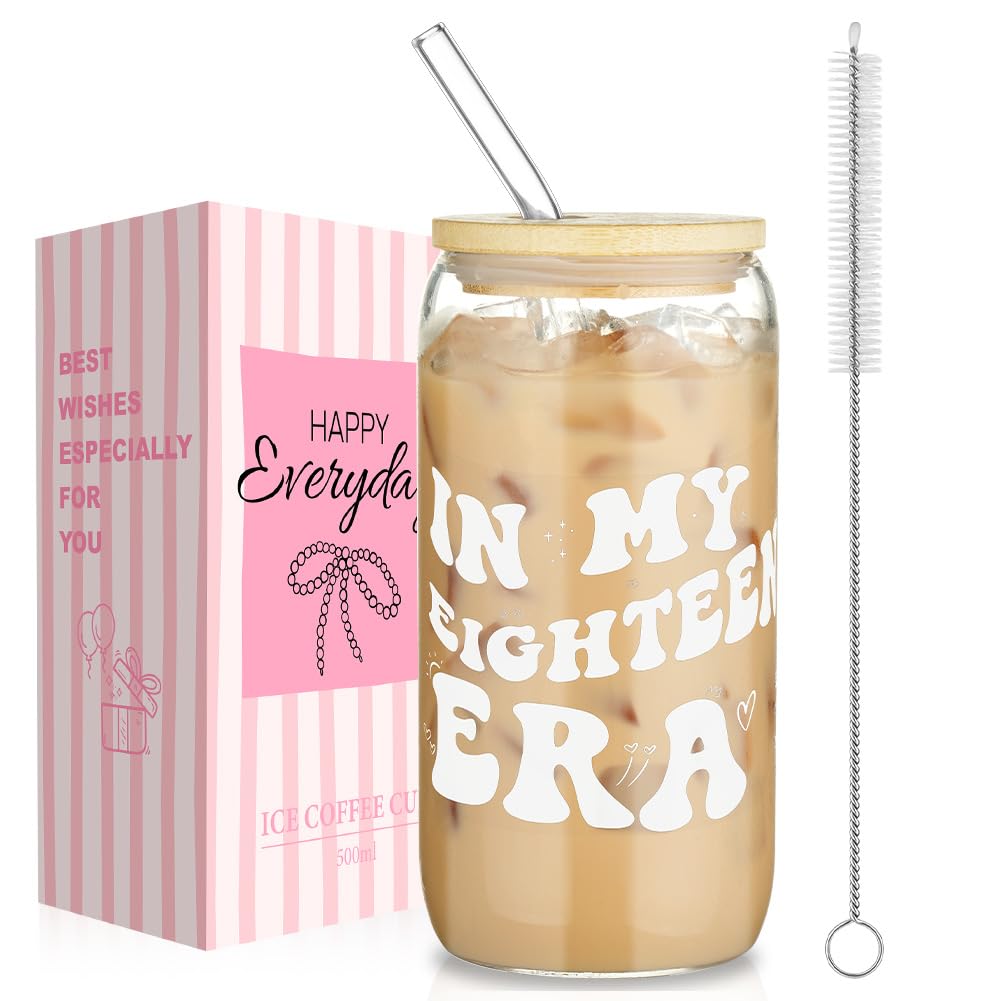 AOOTE 18th Birthday Creative Travel Mug, 500ml Coke Cup, Can Shaped Glasses with Airtight Bamboo Lids, Glass Straws & Straw Cleaning Brush, 18th Birthday Present for Family and Friends