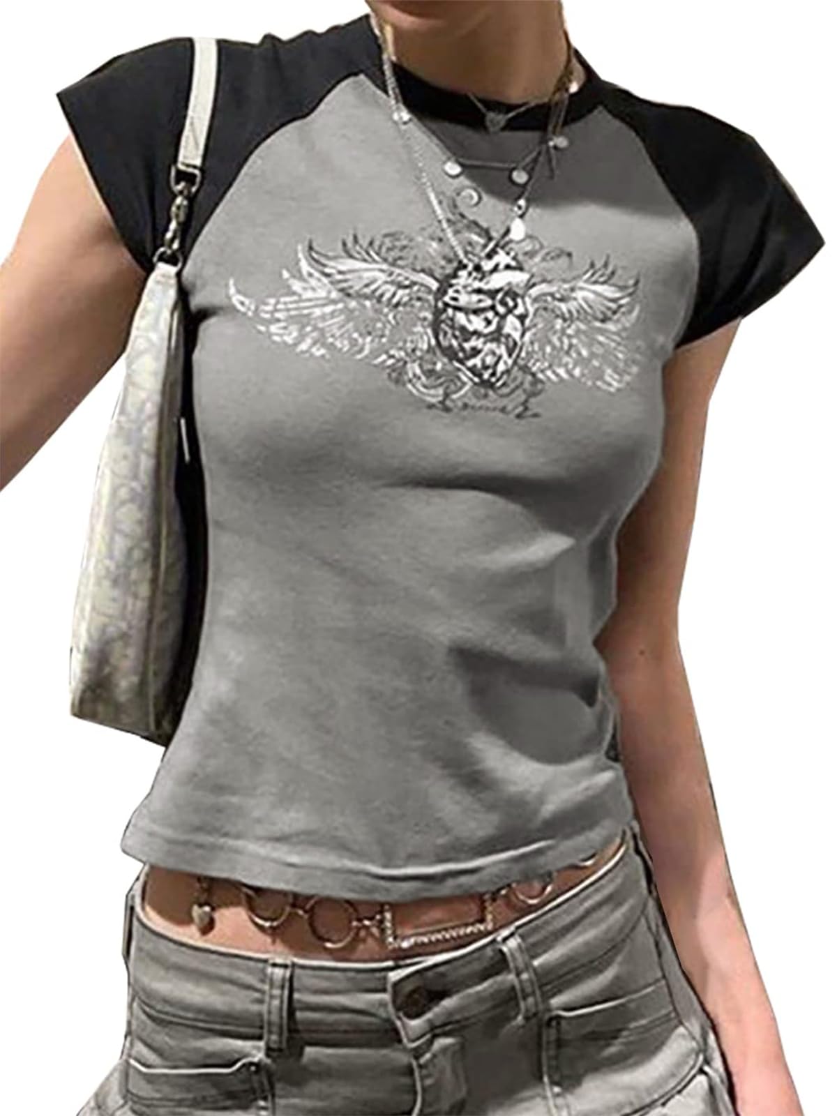 Y2K Crop Tops for Woman Short Sleeve Crew Neck Baby Tees T-Shirt Grey M