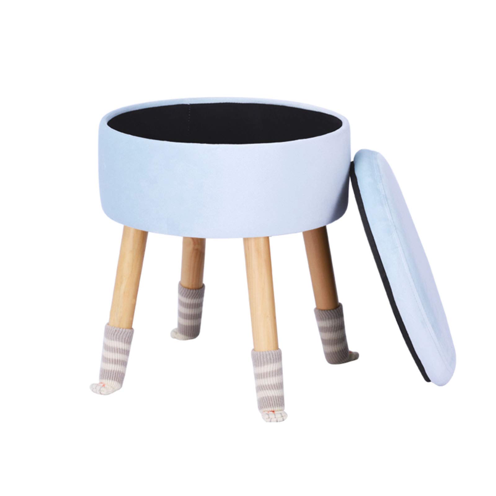 Pouf pouf rotondo nordico, poggiapiedi con coperchio rimovibile e gambe in legno antiscivolo, per soggiorno, camera da letto, blu crema, 37 x 37 x 43 cm
