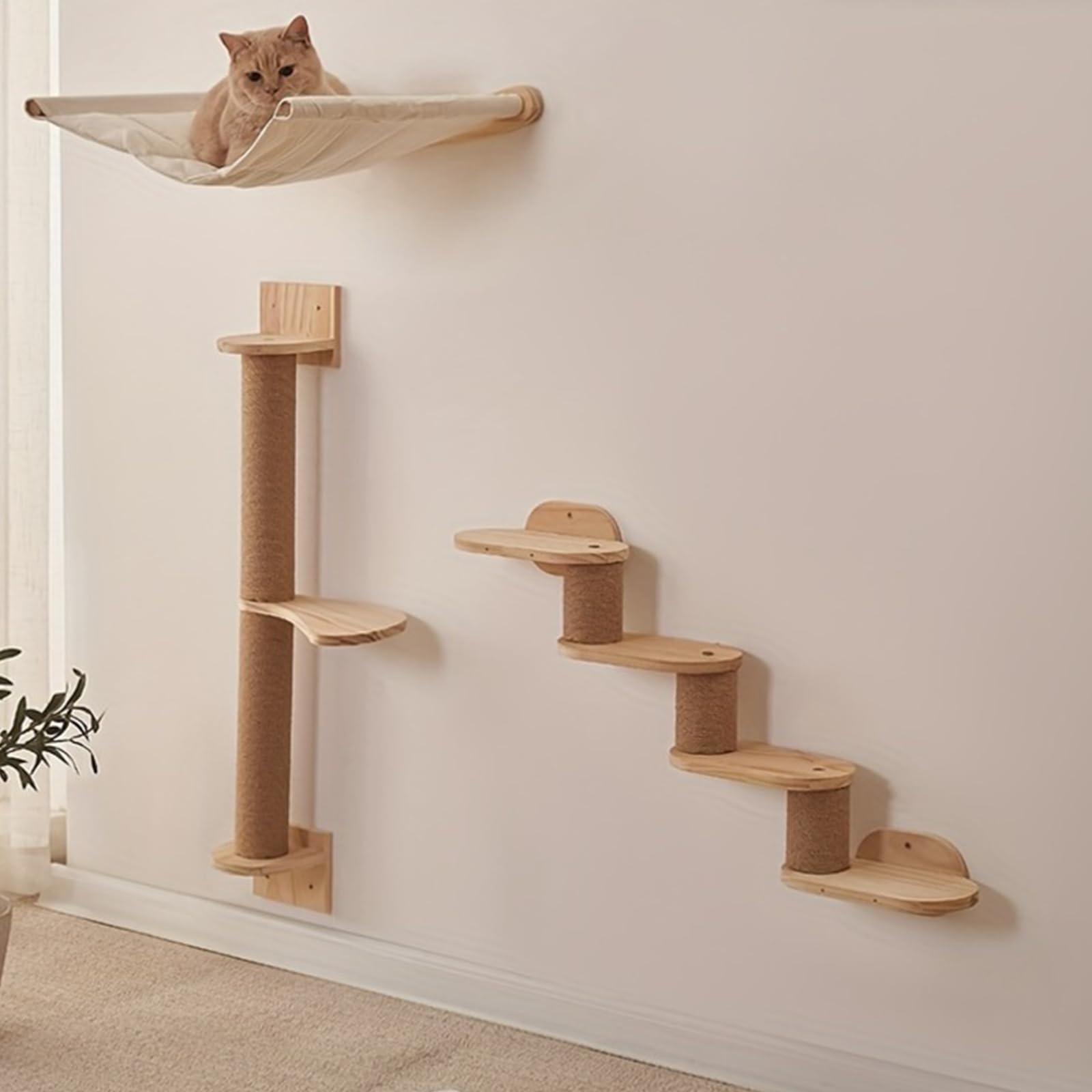 Cat Wall Furniture Set with Shelves & Climbing Ladder, Wooden Cat Wall afor Indoor Cats, 3pcs Cats Step Shelves Hammock Scratching Post Wall Mounted Catss Climber System for Small Apartments Flats