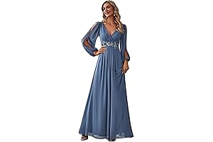Women's V-Neck Long Sleeves Floor Length Ruched Chiffon Empire Waist Formal Dresses