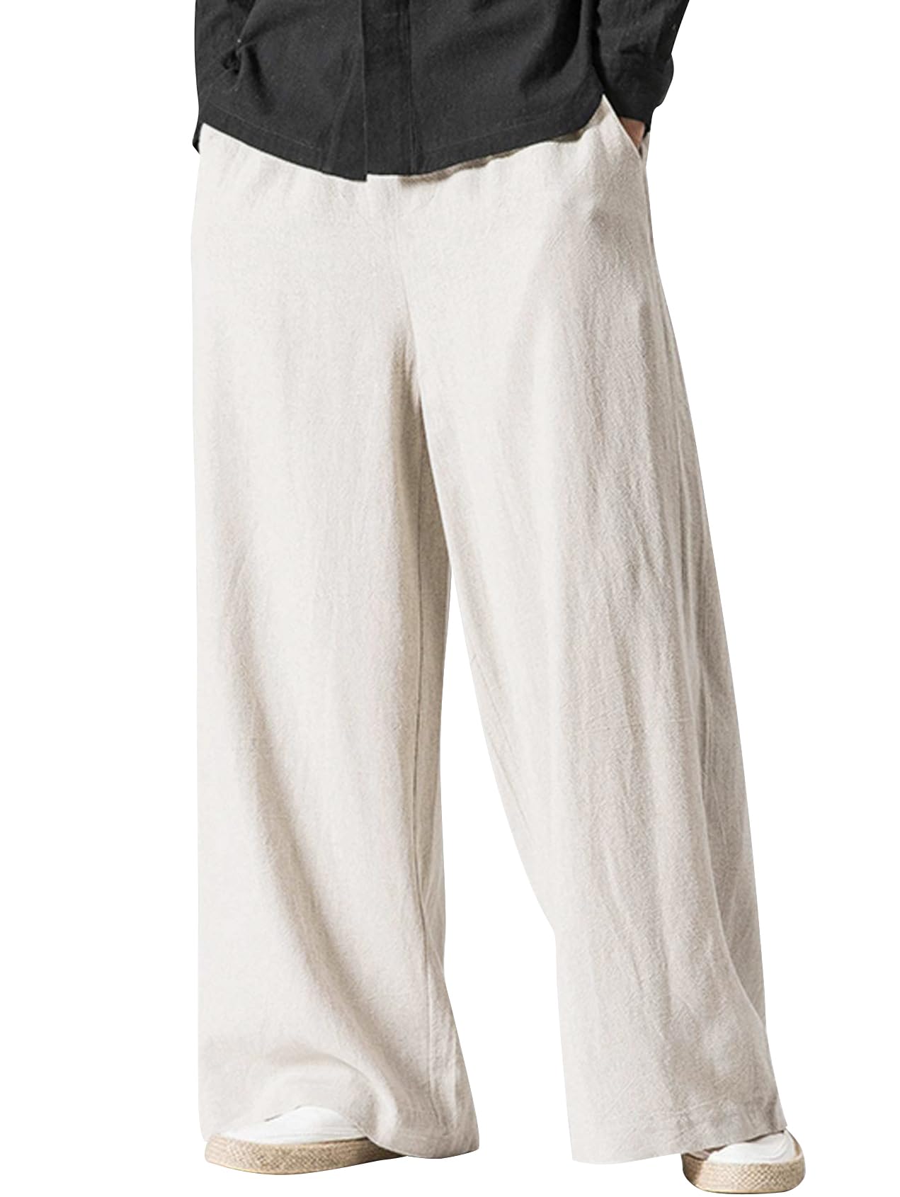 Kissonic Mens Casual Linen Pants Elastic Waist Drawstring Baggy Pants Cotton Wide Leg Yoga Beach Trousers