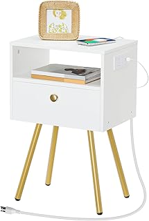 HOOBRO Nightstand with Charging Station, End Table with USB Ports and Outlet, Side Table for Tight Spaces, Solid and Stable, for Office, Bedroom, Study, White and Gold DW88UBZ01