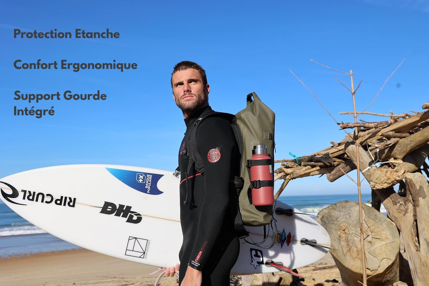 GRAJAGAN sac à dos sport surf 30 L, noir kaki, grand compartiment, poche zippée avant, usage quotidien et activités outdoor