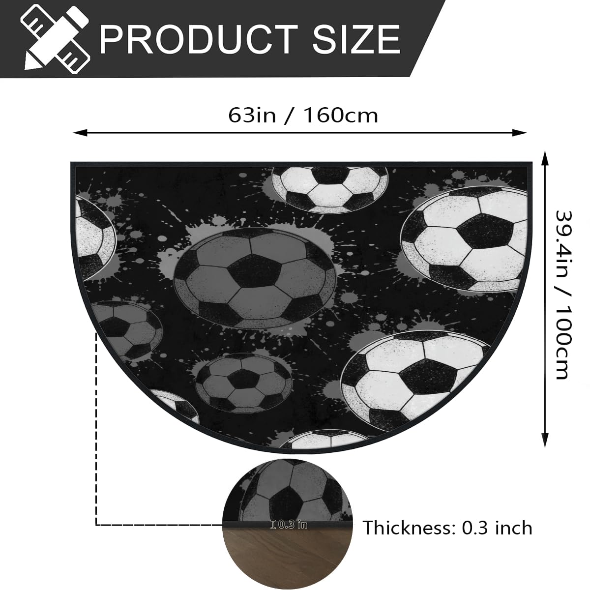 Große halbrunde Fußmatte, Fußball, Sport, rutschfest, saugfähig, halbrund, Eingangsbereich, niedlich, weich, halbrund, waschbar, Teppich für Küche, Badezimmer, Schlafzimmer, 160 x 100 cm