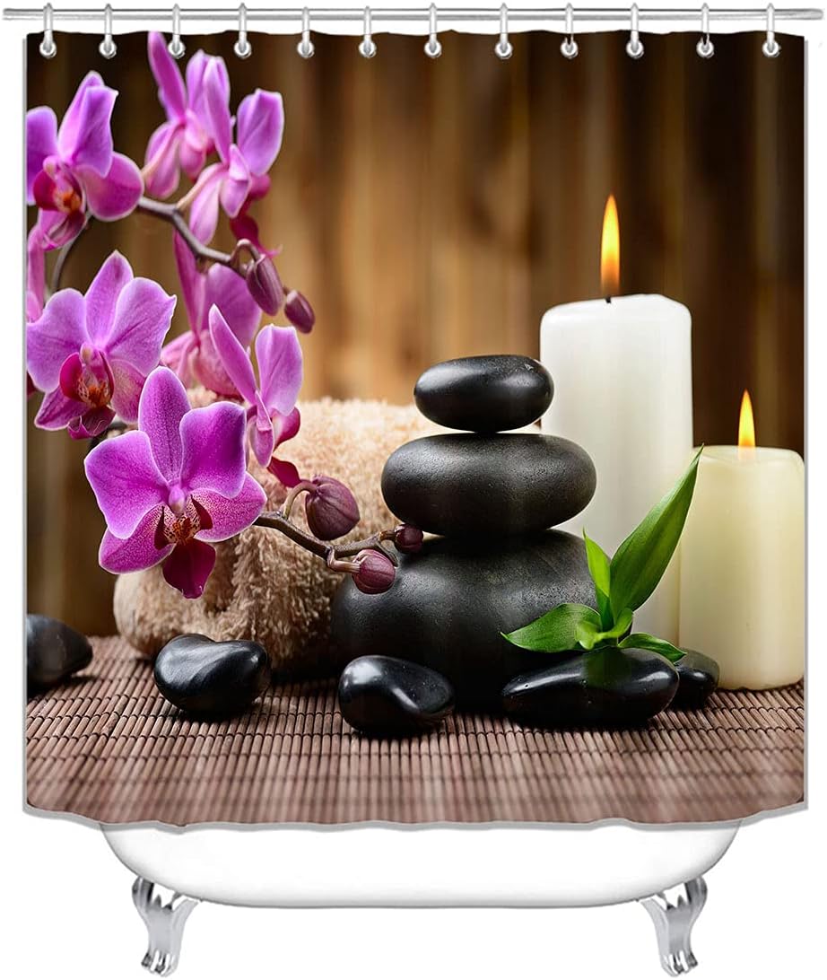 OLEBETY 4PCS/Set Spa Zen Shower Curtain, Black Massage Stone White Candle Japanese Art Tranquil Relaxing Spiritual Meditation Bathroom Decor, Non-slip Bath Mat, Gifts for Women, Purple Orchid & Candle
