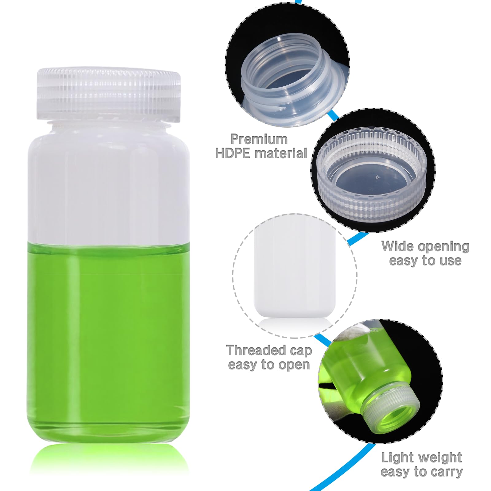 DKBT 6 sztuk butelek z szeroką szyjką z tworzywa sztucznego, 30 ml, puste butelki laboratoryjne, szczelne, z polietylenu (HDPE), z szerokim otworem, do butelek na tabletki, butelki na próbki wody