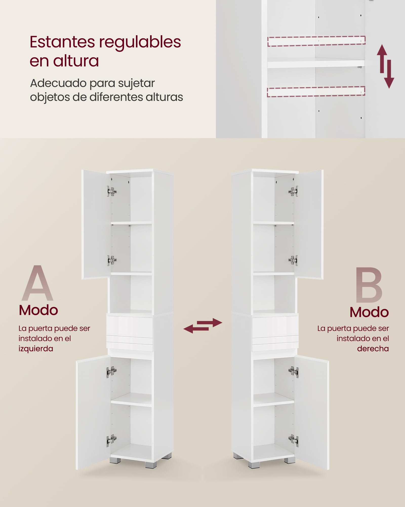 VASAGLE Armario de Baño, Mueble de Almacenamiento, con un Cajón, Compartimientos, Estantes Ajustables, 30 x 30 x 170 cm, Blanco Nube BBC560P31
