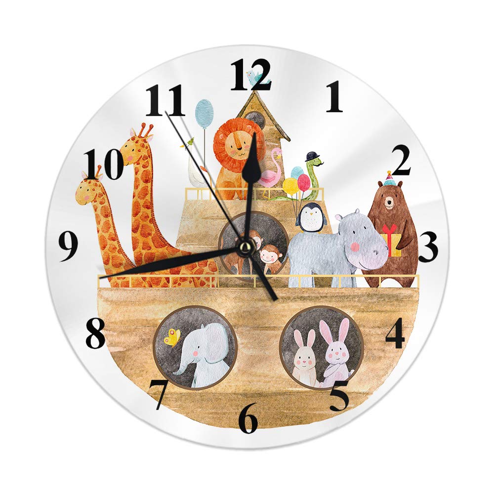 Lsjuee Ship With Animals Round Wall Clock,Children's Watercolor Illustration Of A Cute Noah's Ark With The Animals Round Wall Clock Home Garden Wall Decorative For Bedroom Office School Art(10")