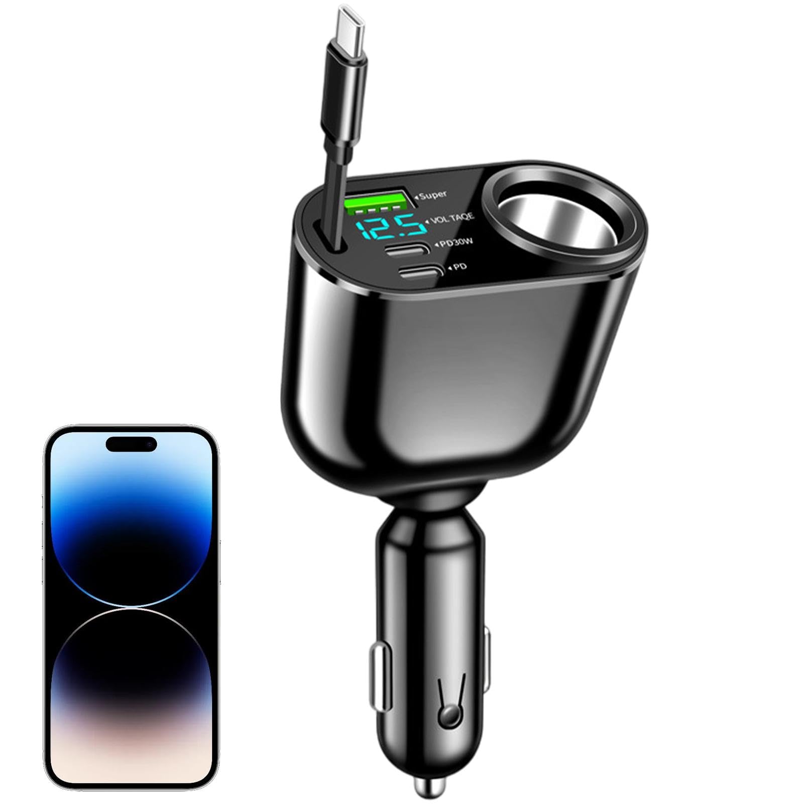 Adattatore per Caricabatteria da Auto, Caricabatteria da Auto USB Rapido | Caricabatterie Automatico per Cellulare con Cavo retrattile | Adattatore per Caricabatterie Automatico Design esterno p