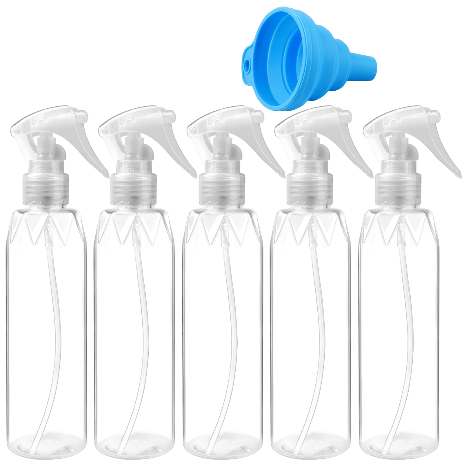 Lot de 5 Petits Flacons Pulvérisateurs avec Entonnoir Pliable en Silicone - 200 ml - En Plastique Transparent - Pour Cheveux, Nettoyage, Plantes, Cosmétiques