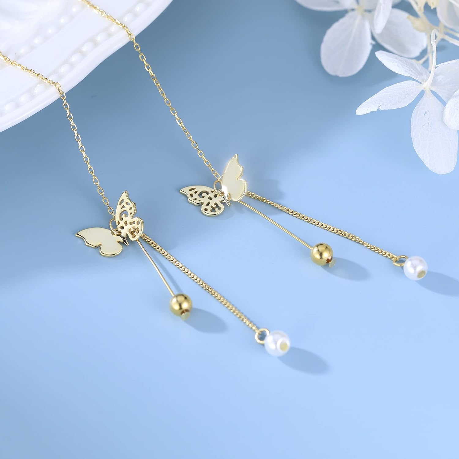 SLUYNZ Sterling Silver Butterfly Threader Earrings Dangle Chain for Women Teens Pearl Long Dangle Earrings Tassel - Image 4