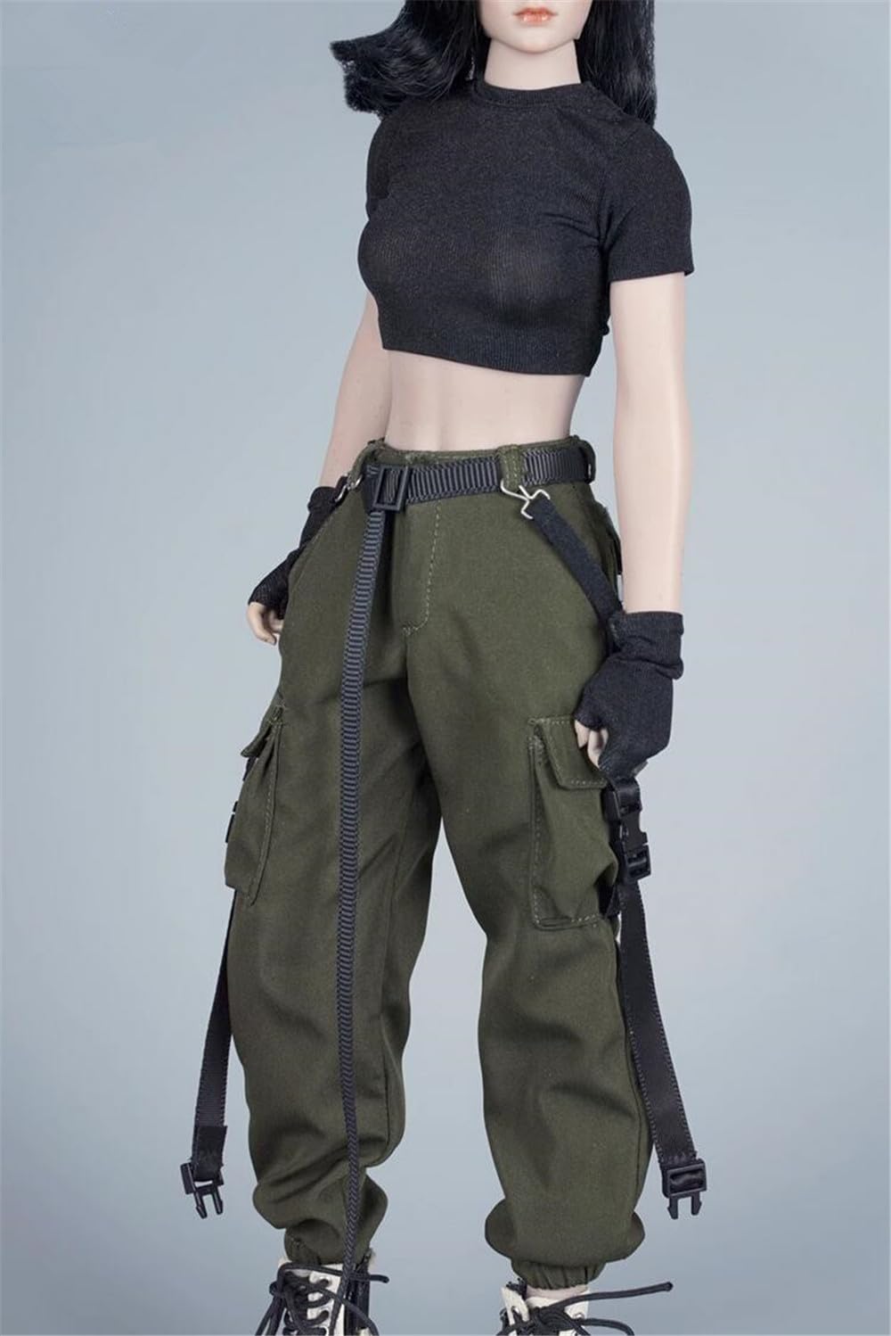 1/6 Weibliche Kleidung, Weibliches T-Shirt Hose Hose Handschuh Gürtel Overalls Kostüm Outfit Kleidung für 12inch Soldat Action Figur Körper (Schwarzes Hemd+Grüne Hose)