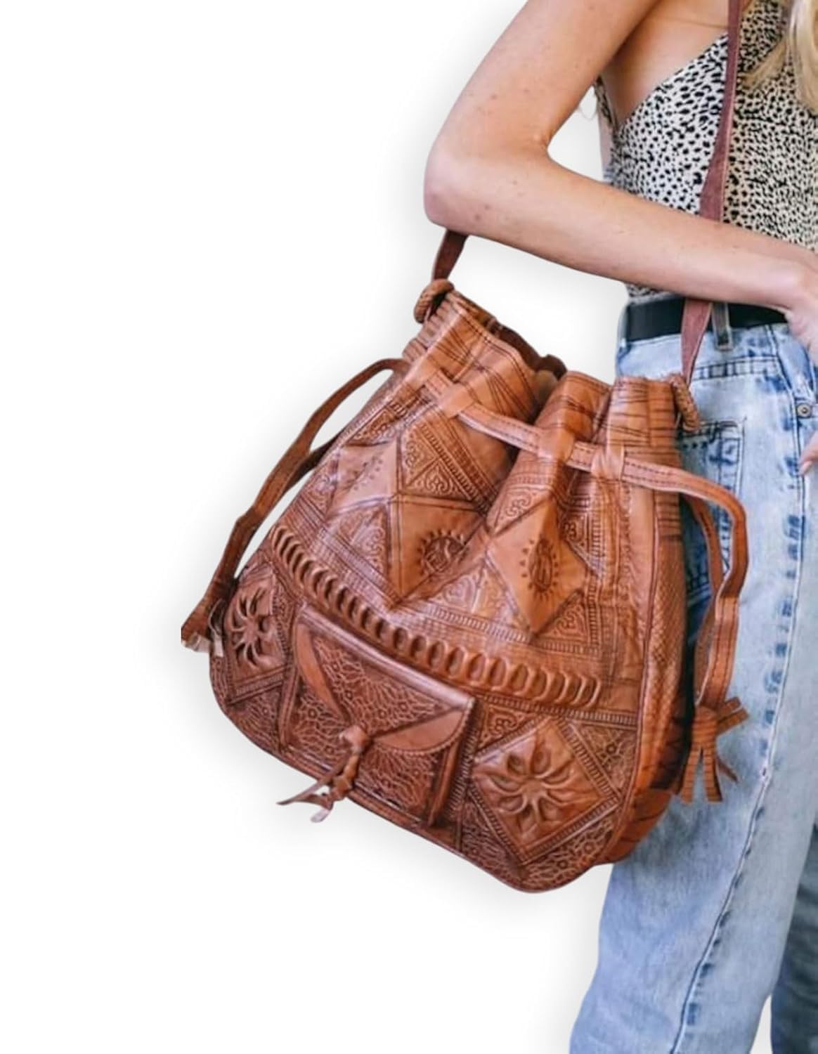 Sponsored Ad - Moroccan Leather Bucket Bag, Handmade Boho Crossbody Drawstring Purse for Women