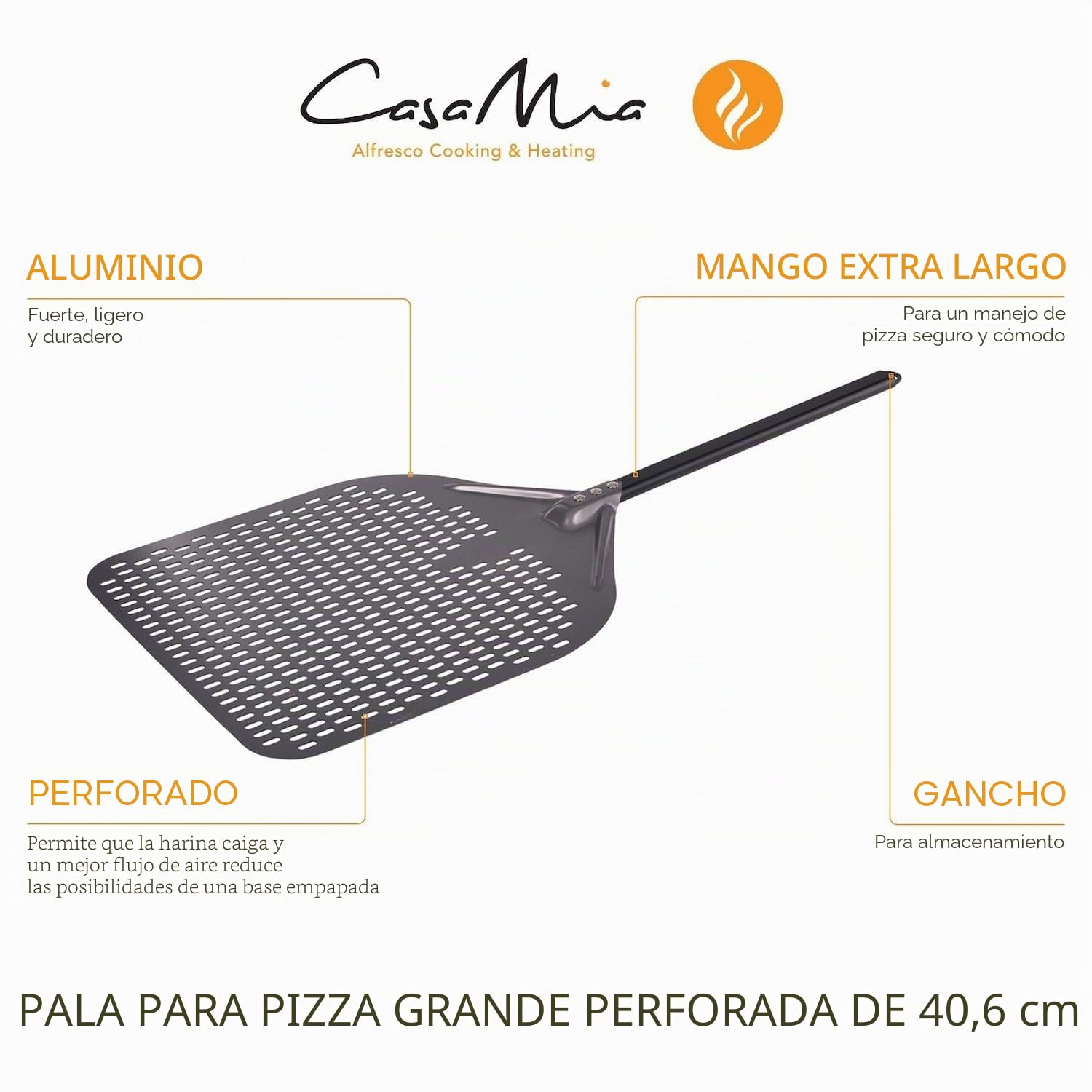 Casa Mia Pala perforada para pizza, 16 pulgadas, diseño de aluminio ligero para pizzas perfectas