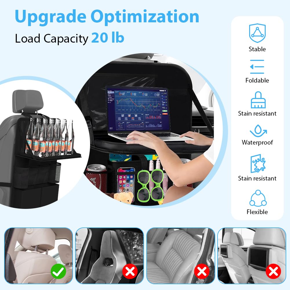 Yuragim Organizer per auto con tavolo, 2 pezzi, organizer per sedile auto, grande protezione per lo schienale dell'auto, impermeabile, organizer per bambini con tavolo pieghevole, tablet, telefono