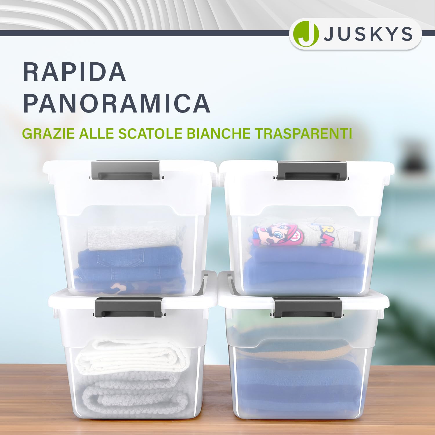 Juskys scatola per conservazione con coperchio - Set da 6 scatole in plastica 60l - Scatola grande, impilabile, trasparente - Sistema di organizzazione per conservazione