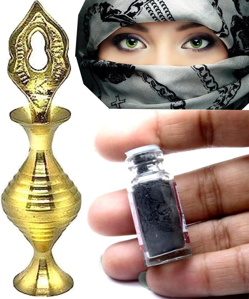 BlueQueen Golden Surmadani Eyeliner Old Antique Pot Hand Bottle Islamic Design Eyeliner, Kajal Holder Brass Metal Make Up Accessoriese With Free Black Surma Powder - 0.025 floz
