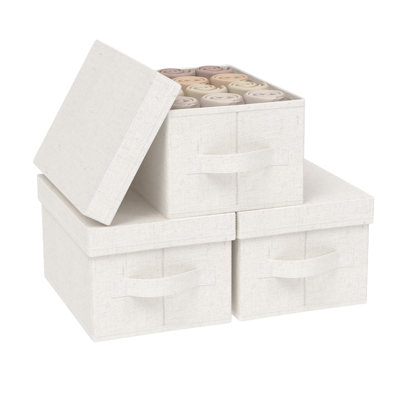 ENUMAIL 3er Scatole di Stoccaggio, Contenitore in Tessuto con Coperchio, Organizzatore di Vestiti con Maniglia, Utilizzato in Camera da Letto o Soggiorno, 33x23x18cm, Beige