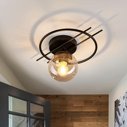 Lámpara de techo semiempotrada con acabado negro mate y dorado, candelabro moderno de mediados de siglo con globo de vidrio, pequeña iluminación
