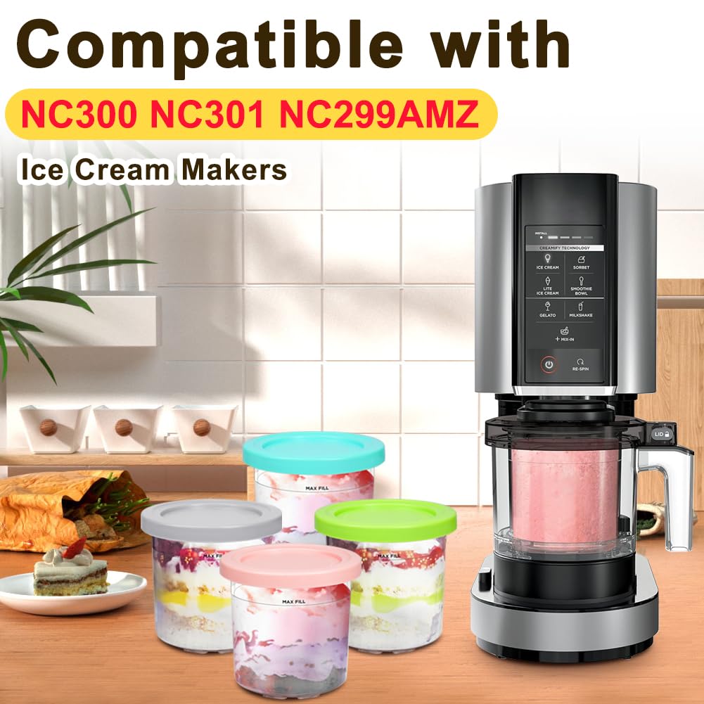 GINOYA Creami Behälter für Ninja NC300EU, 4 Stück Eismaschine Zubehör für Ninja Creami Ice Maker, Eismaschine Becher Kompatibel mit Ninja Eismaschine NC300EU