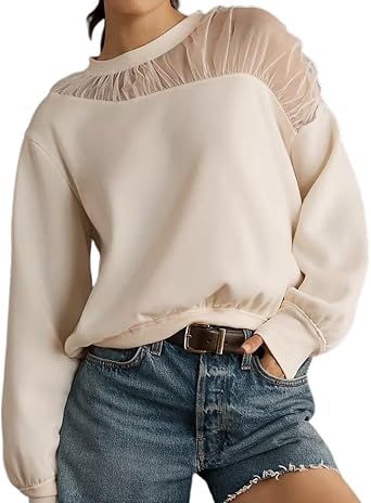 VAOYIU Womens Shoulder Mesh Design Sweatshirt Casual Long Sleeve Crew Neck Pullover Tops Casual Lace Edged ClothingWhite-L