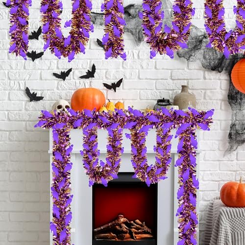 Image of 50 Ft Halloween Tinsel Garland, Mixed Color Glitter Tinsel Garlands with Purple Ghost Metallic Holiday Hanging Streamers for Halloween Indoor Outdoor Party Decor