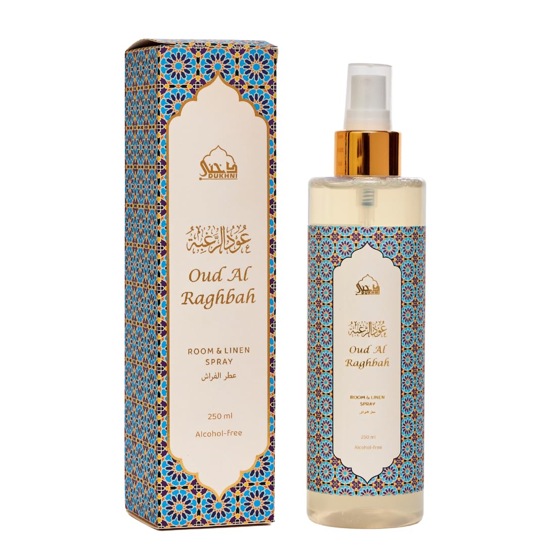 Oud Air Freshener Room & Linen Spray by Dukhni | 250ml Raghbah Mist for Bed Linen, Fabrics, Sofas, and Prayer Mats | Alcohol-Free, Strong Odor Eliminator, Perfect for Islamic Gifts