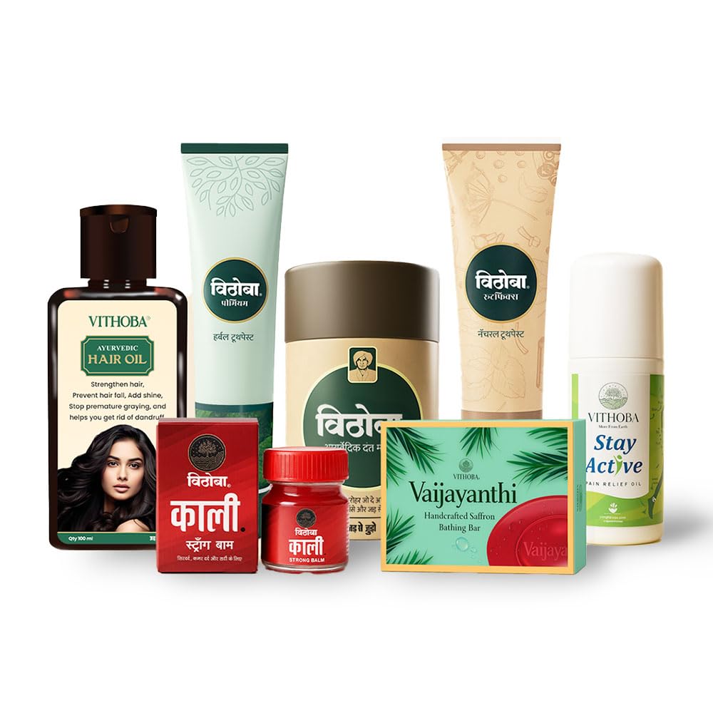 Vithoba All-in-One Ayurvedic Care Combo Pack |Hair Oil 100ml | Pain Relief Oil 60ml | Kaali Balm 10g |Dant Manjan 80g | Herbal Soap 75g | Rootfix & Premium Toothpaste 150g each | Complete Daily Wellness Kit |-image-44