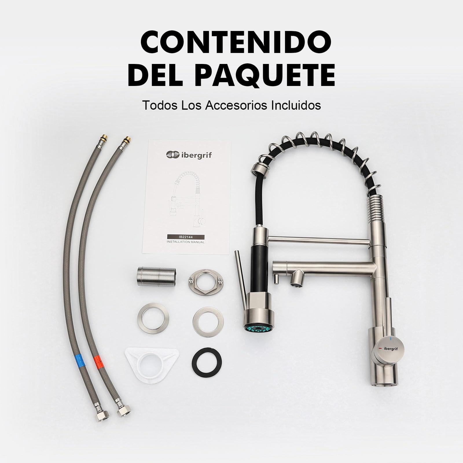Ibergrif Grifo Profesional Cocina con Ducha Extraíble, Mezclador de Fregadero, Acero Inoxidable
