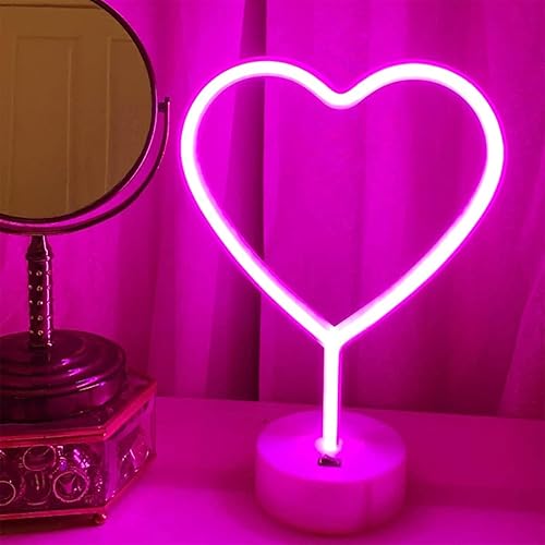 Miniatura 5 de Letrero de neón con forma de corazón rosa, paquete de 2 luces LED de neón, funciona con pilas o USB, lámpara de decoración de mesa para habitación