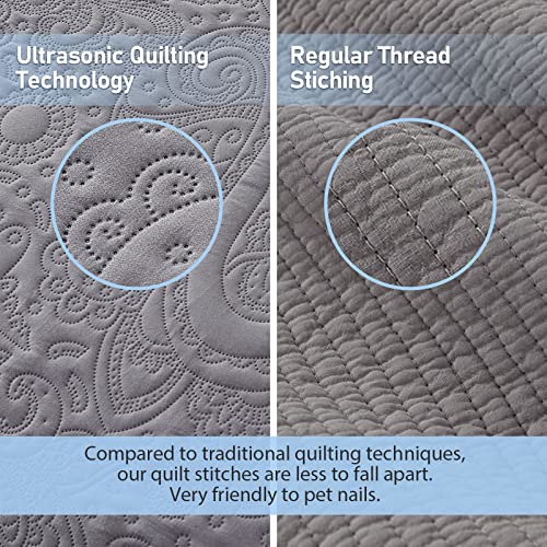 Image of Qucover California King Bedspreads 128x120, Soft Microfiber Ultrasonic Lightweight Dark Grey Oversized King Quilt, 3 Piece Reversible Paisley Pattern Cal King Quilt Set, Grey