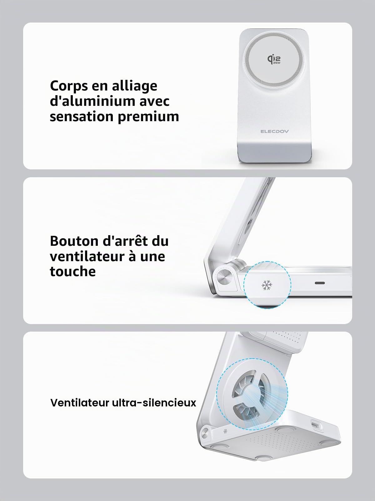 Station de Charge 3-en-1 Magnétique avec Refroidissement Actif, Chargeur sans Fil pour Galaxy S26 Ultra, Watch 8, Pliable Chargeur Induction pour Rapide avec Téléphones Android (Blanc)