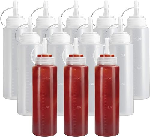 OAMCEG Paquete de 3 botellas exprimibles de ketchup Botellas de plástico de 24 onzas para condimentos y tapas con medidas discretas, para salsa de