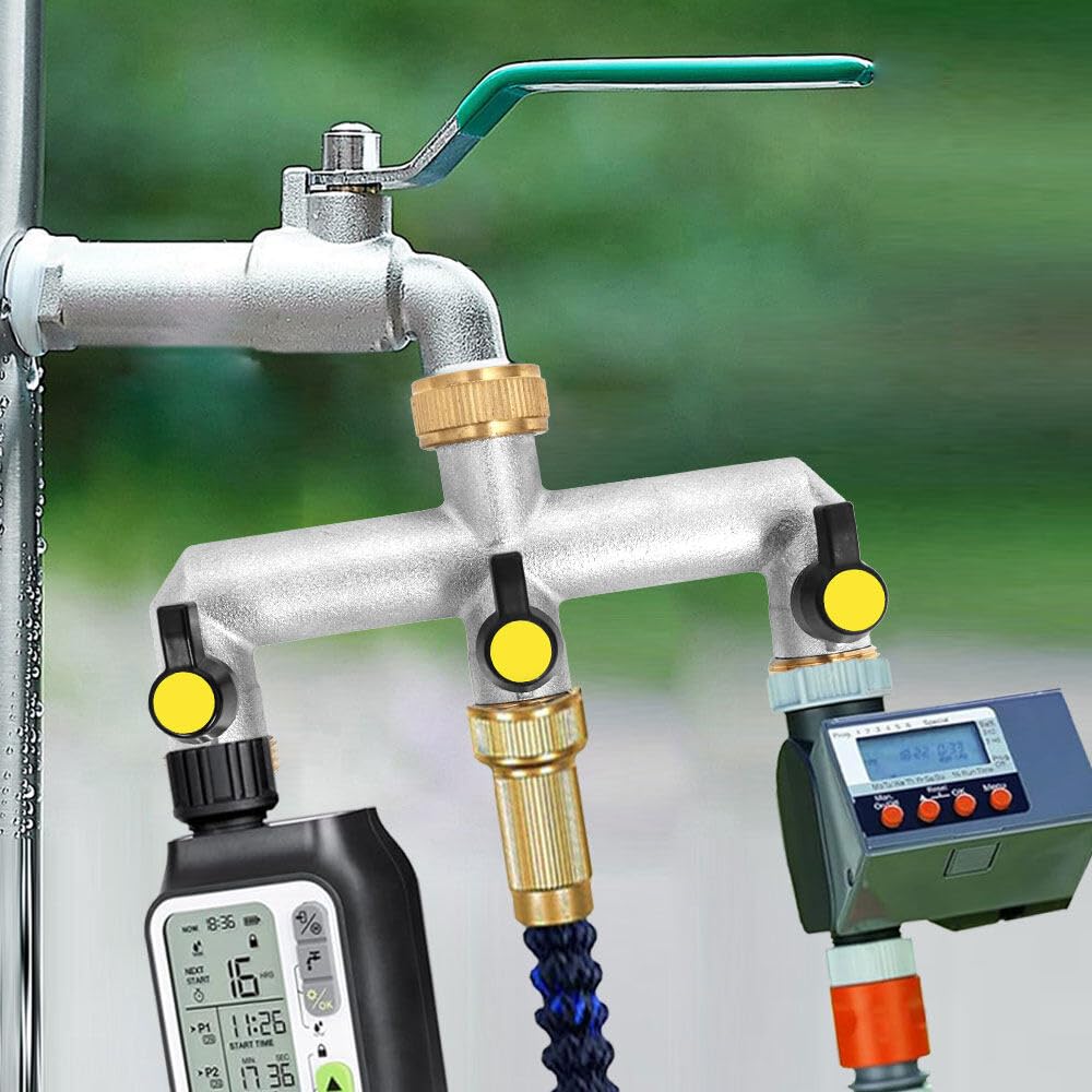3 Vie Sdoppiatore Rubinetto con Valvola Indipendente, Ottone e Lega di Zinco Collettore Acqua 3 Vie per Regolare il Flusso dacqua, Distributore 3 Vie per Giardino, Cucina, Lavatrice