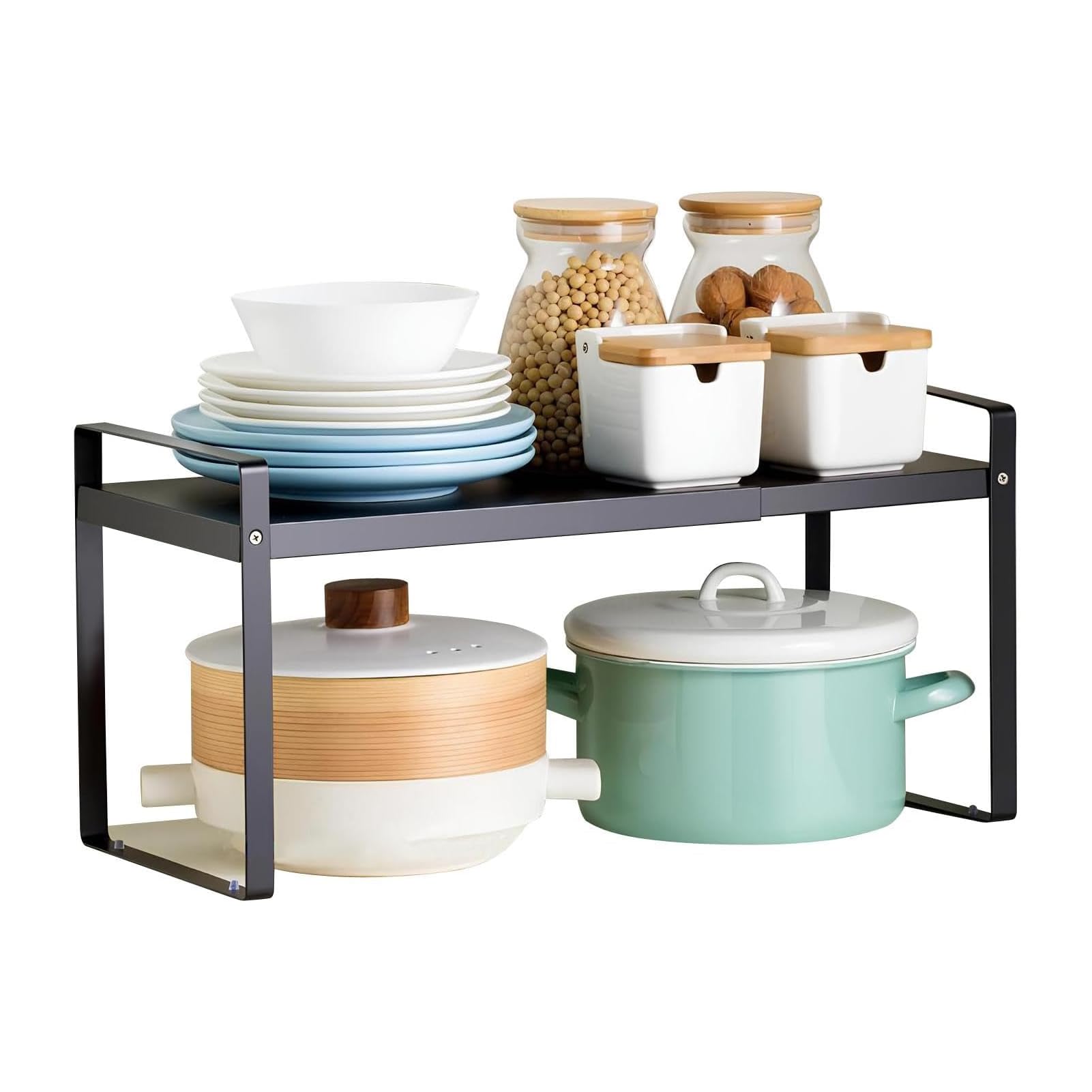 U-HOOME Expandable Cabinet Shelf Organiser Storage Rack, Kitchen Cabinet Organizer Shelf, Cupboard Stand Spice Rack, Stackable Heavy Duty Plate Pantry Shelves Space Riser for Kitchen Bathroom (Black)