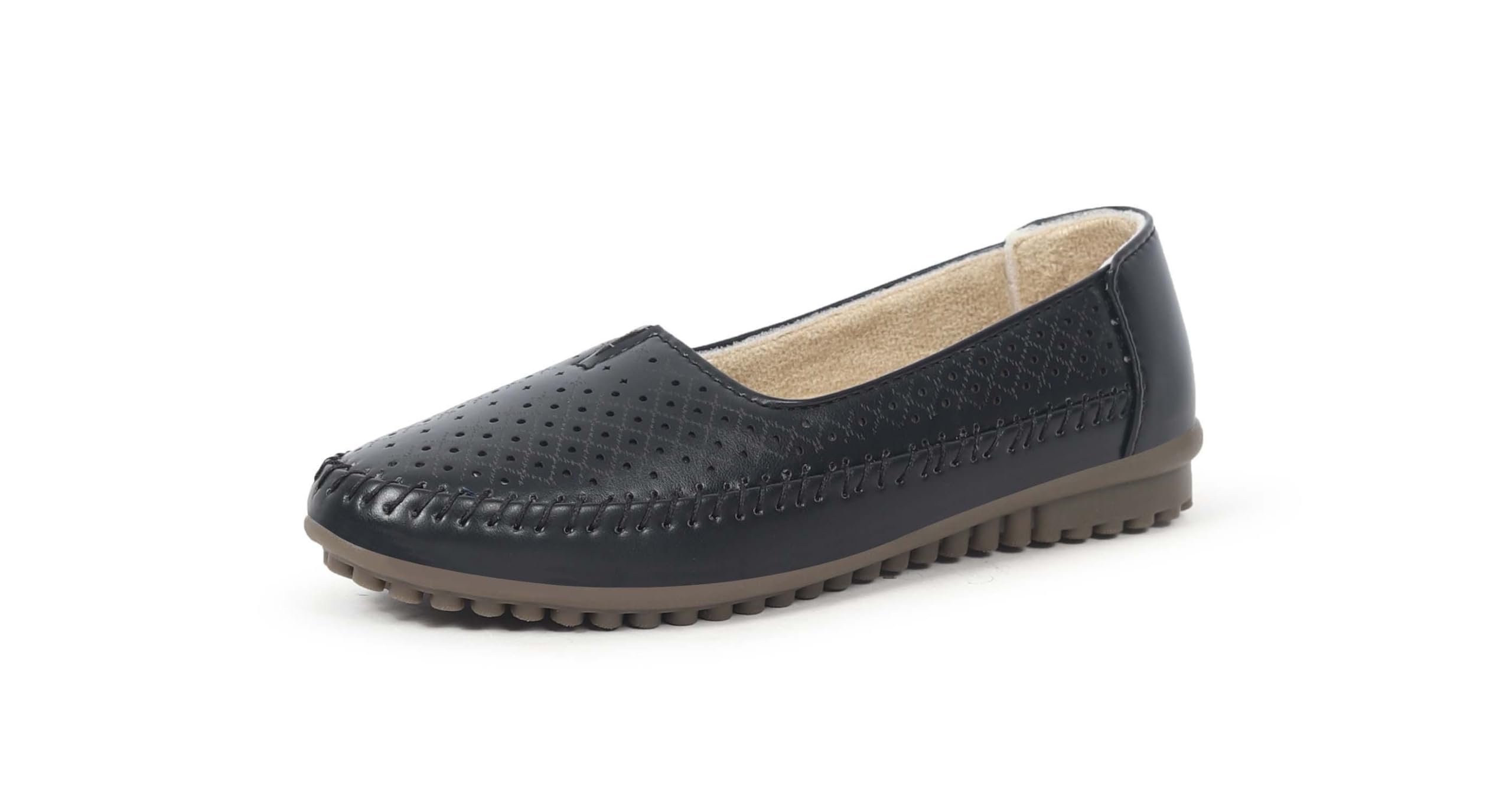 Women's Perforated Ballet Flats, Black, Hand Stitch Detail, Slip-On Loafer with Cushioned Insole-picture-39