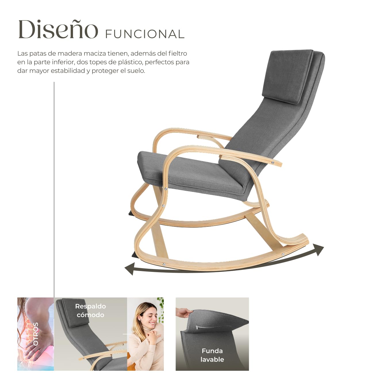 tectake® Mecedora Roca de Madera de Abedul 150kg, Silla Mecedora, Oscilante, Sillón Ergonómico para Balanceo - Gris Claro