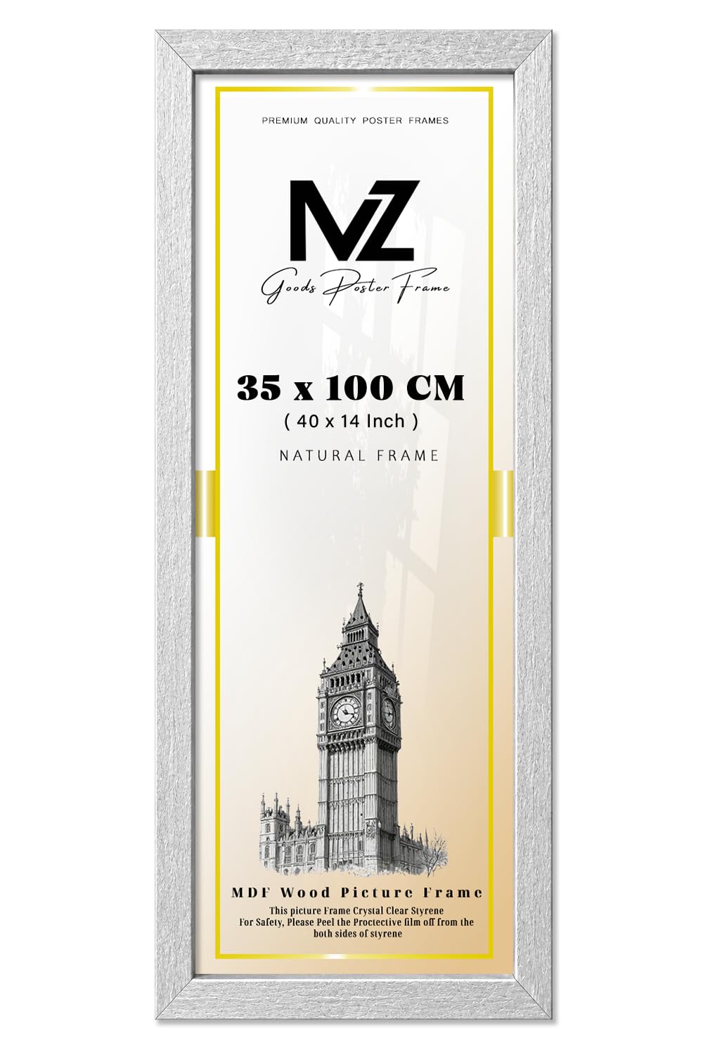 MZ GOODS | MDF Picture Frame (35 x 100 CM) 1' 2" x 3' 3" for Music Album Covers, Sports & Quotes, MDF Finish, Secure Hanging Hooks for Wall Display [ Silver ]